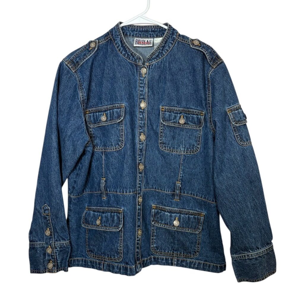 Vintage Bill Blass Denim Chore Barn Blue Jean Jacket Womens Large Button Up